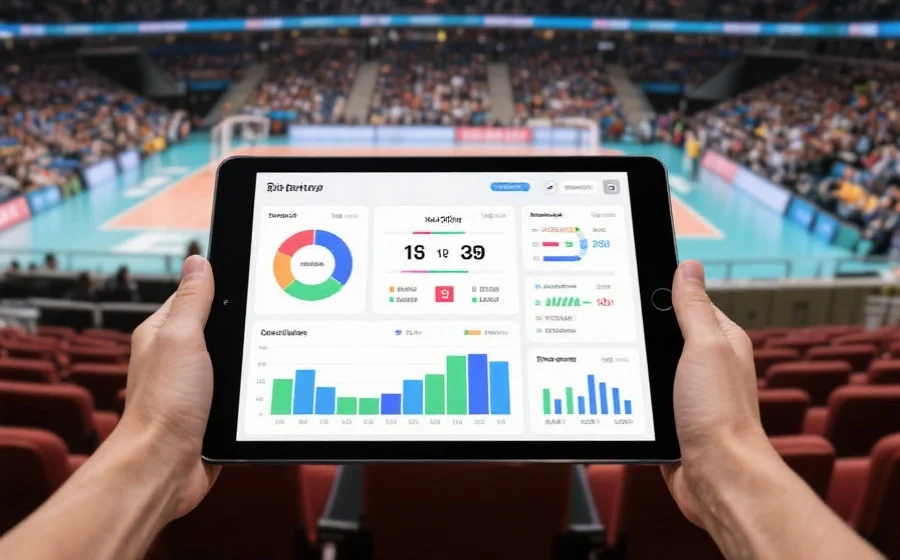 一组运动数据图表和实时比分展示在平板电脑屏幕上，背景为体育场馆内观众席