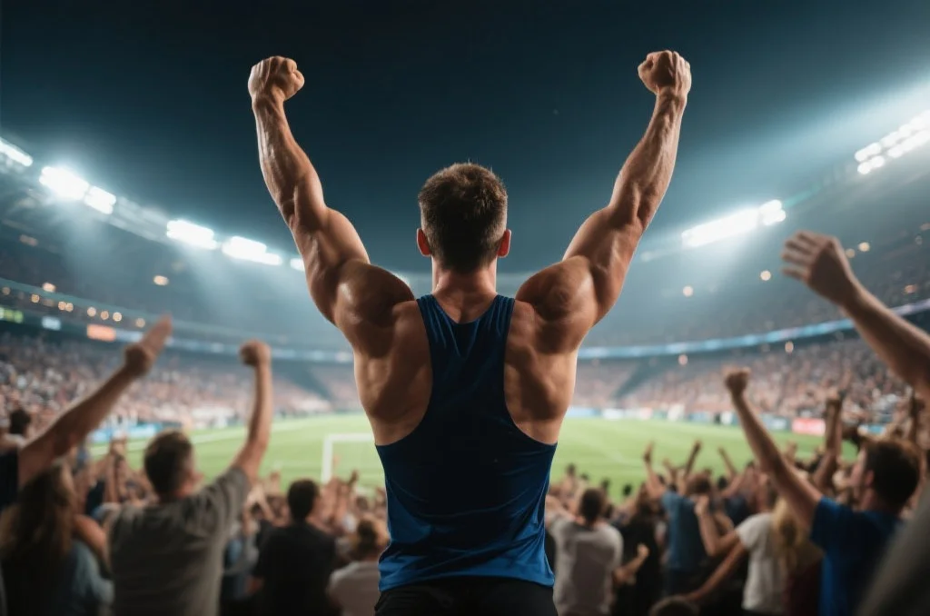 一位运动员在体育场上高举双臂庆祝胜利